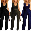 Trending Stylish 2021 Spring Deep V Neck Jumpsuit Wide Leg Pants Womens One Sleeve Bling Rompers